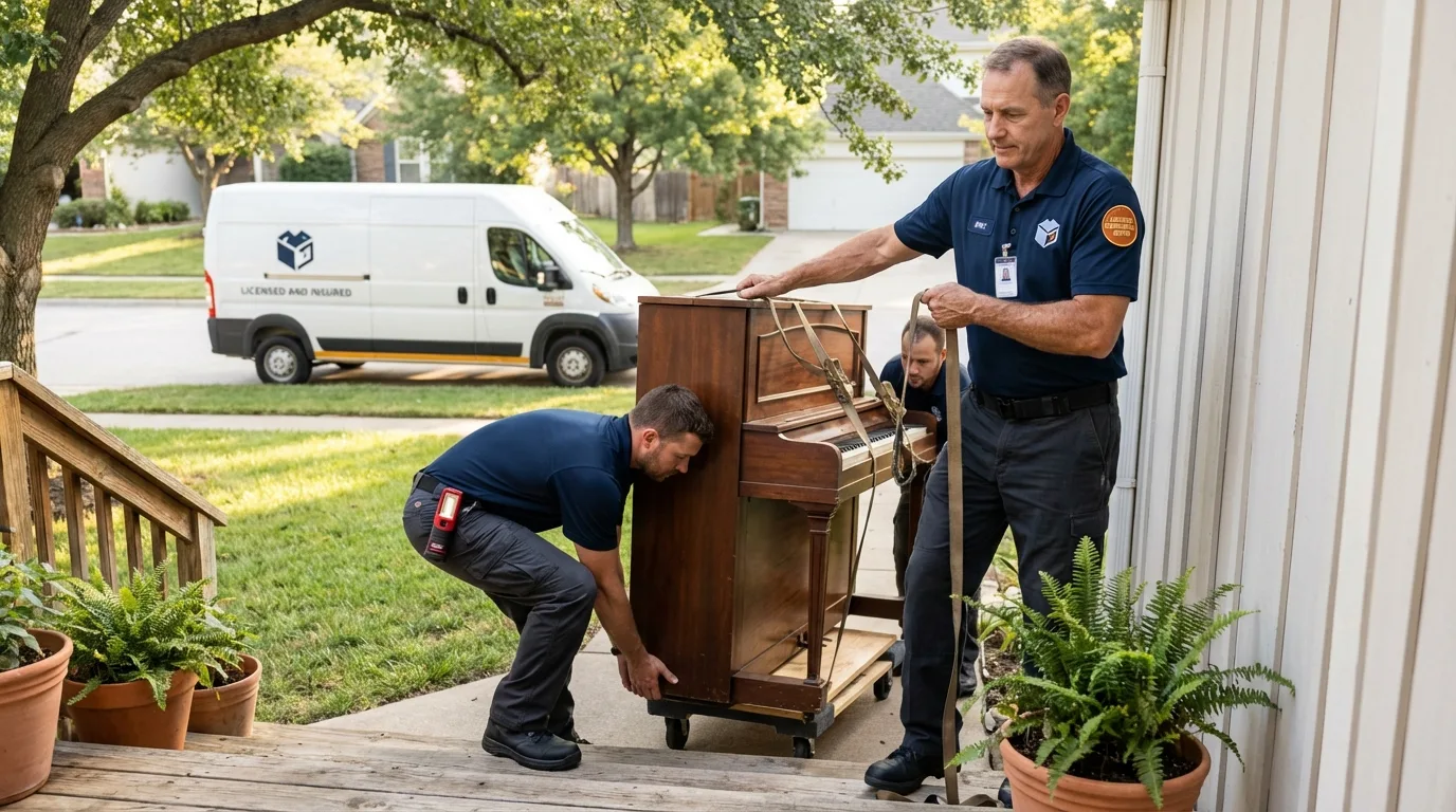 Licensed piano movers securing grand piano in Bayville, NJ