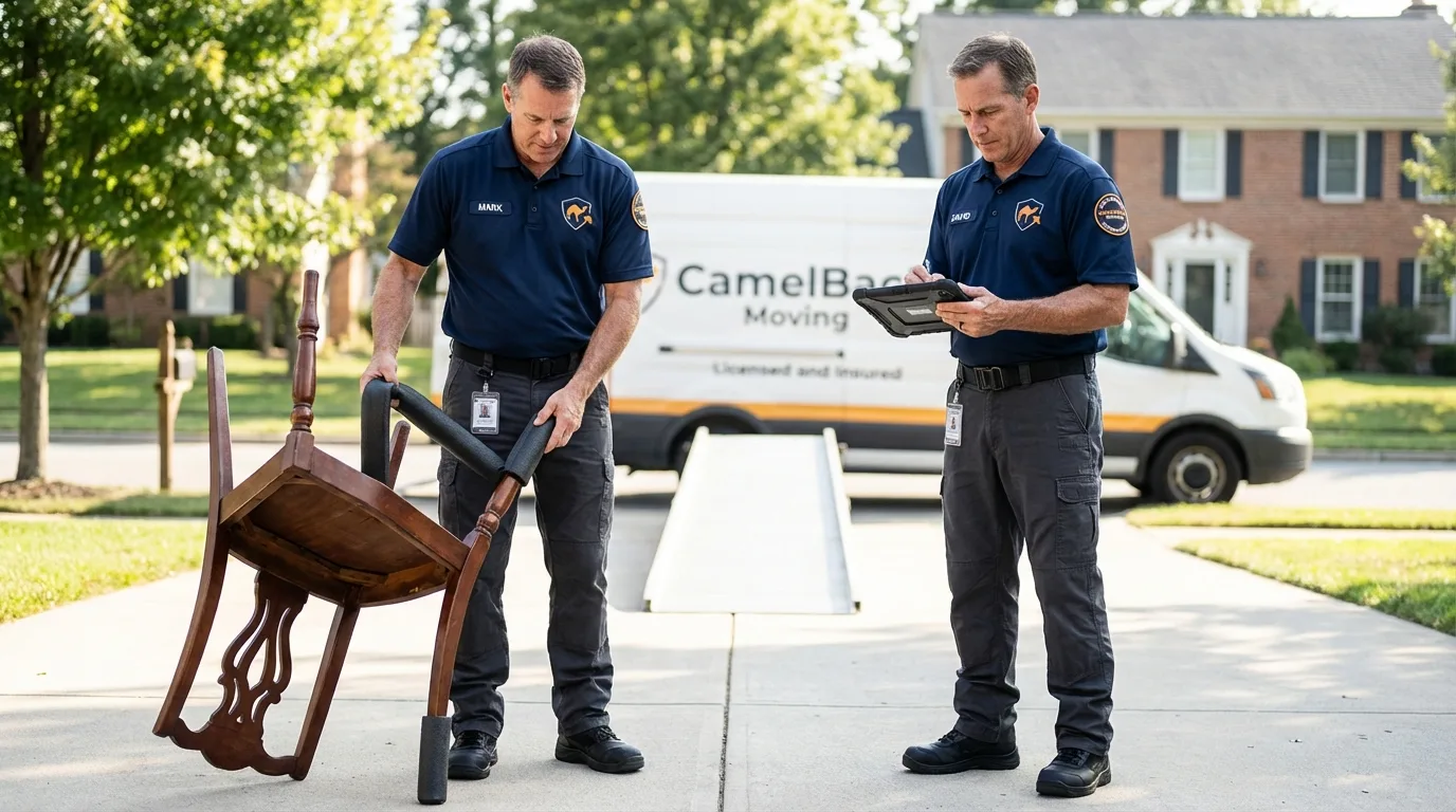 Movers inspecting furniture for damage prevention before loading in Bayville, NJ
