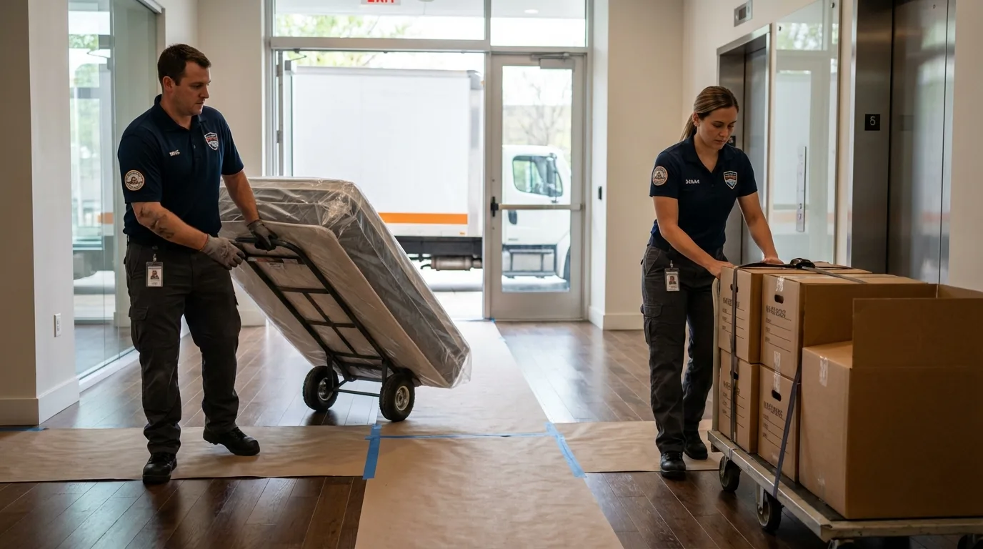 Professional apartment movers loading elevator in Bayville, NJ